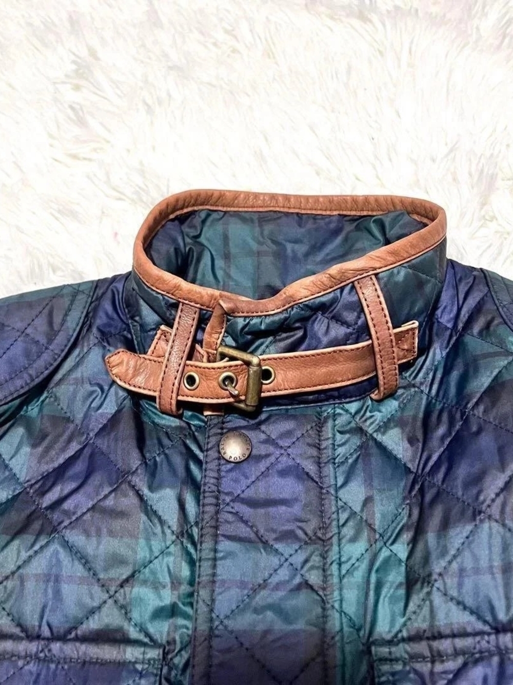 Polo by Ralph Lauren Navy and Green Plaid Quilted Puffer with Brown Trim